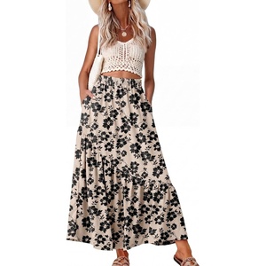 image:imageGRECERELLE Womens Maxi Skirt High Waist Tiered ALine with PocketsKhaki Black Flower