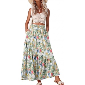 image:imageGRECERELLE Womens Maxi Skirt High Waist Tiered ALine with PocketsLeave Blue Flower