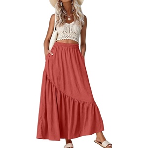 image:imageGRECERELLE Womens Maxi Skirt High Waist Tiered ALine with PocketsLiving Coral
