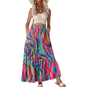 image:imageGRECERELLE Womens Maxi Skirt High Waist Tiered ALine with PocketsMulti Purple Wave