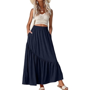 image:imageGRECERELLE Womens Maxi Skirt High Waist Tiered ALine with PocketsNavy Blue