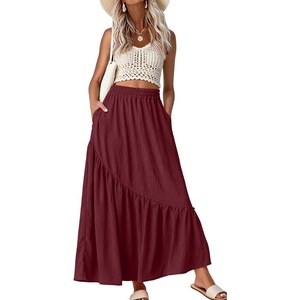 image:imageGRECERELLE Womens Maxi Skirt High Waist Tiered ALine with PocketsWine Red