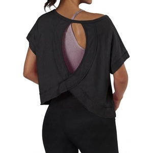 image:imageGRECERELLE Womens Open Back Workout Tops Backless Athletic Shirts Casual Crop Running Tee Y2k YogaAblack