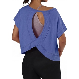 image:imageGRECERELLE Womens Open Back Workout Tops Backless Athletic Shirts Casual Crop Running Tee Y2k YogaAroyal Blue