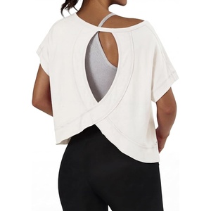 image:imageGRECERELLE Womens Open Back Workout Tops Backless Athletic Shirts Casual Crop Running Tee Y2k YogaAwhite