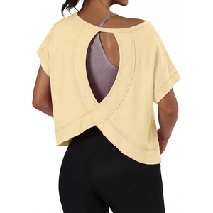 image:imageGRECERELLE Womens Open Back Workout Tops Backless Athletic Shirts Casual Crop Running Tee Y2k YogaBeige