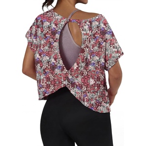 image:imageGRECERELLE Womens Open Back Workout Tops Backless Athletic Shirts Casual Crop Running Tee Y2k YogaBlack Color Hibiscus