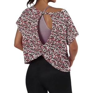image:imageGRECERELLE Womens Open Back Workout Tops Backless Athletic Shirts Casual Crop Running Tee Y2k YogaBlack Red Floral