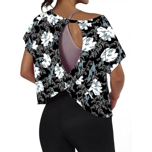 image:imageGRECERELLE Womens Open Back Workout Tops Backless Athletic Shirts Casual Crop Running Tee Y2k YogaBlack White Lily