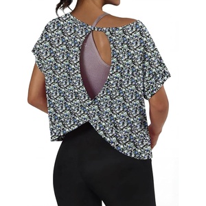 image:imageGRECERELLE Womens Open Back Workout Tops Backless Athletic Shirts Casual Crop Running Tee Y2k YogaBlack White Rose