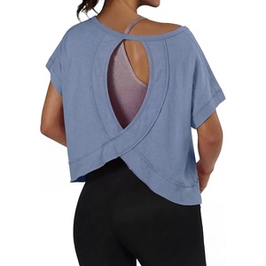 image:imageGRECERELLE Womens Open Back Workout Tops Backless Athletic Shirts Casual Crop Running Tee Y2k YogaDenim Blue
