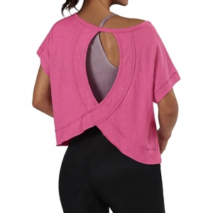 image:imageGRECERELLE Womens Open Back Workout Tops Backless Athletic Shirts Casual Crop Running Tee Y2k YogaHot Pink