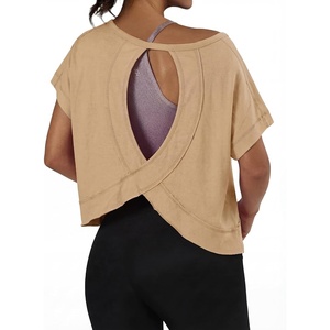 image:imageGRECERELLE Womens Open Back Workout Tops Backless Athletic Shirts Casual Crop Running Tee Y2k YogaKhaki