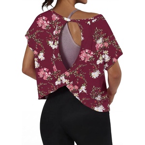 image:imageGRECERELLE Womens Open Back Workout Tops Backless Athletic Shirts Casual Crop Running Tee Y2k YogaLagerstroemia Wine