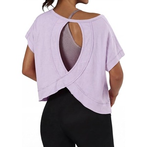 image:imageGRECERELLE Womens Open Back Workout Tops Backless Athletic Shirts Casual Crop Running Tee Y2k YogaLilac Purple