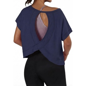 image:imageGRECERELLE Womens Open Back Workout Tops Backless Athletic Shirts Casual Crop Running Tee Y2k YogaNavy Blue