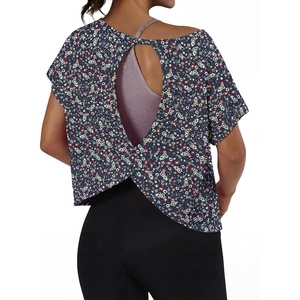 image:imageGRECERELLE Womens Open Back Workout Tops Backless Athletic Shirts Casual Crop Running Tee Y2k YogaNavy White Flower
