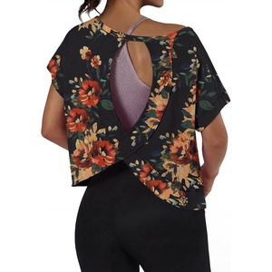 image:imageGRECERELLE Womens Open Back Workout Tops Backless Athletic Shirts Casual Crop Running Tee Y2k YogaRed Brown Black
