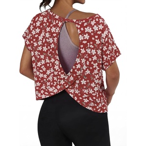 image:imageGRECERELLE Womens Open Back Workout Tops Backless Athletic Shirts Casual Crop Running Tee Y2k YogaRed Sunflower