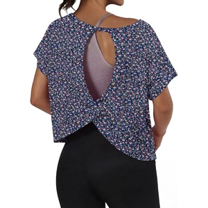 image:imageGRECERELLE Womens Open Back Workout Tops Backless Athletic Shirts Casual Crop Running Tee Y2k YogaRose Pink Flower