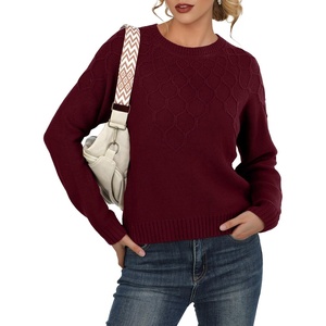 image:imageGRECERELLE Womens Pullover Sweater Chunky Crew Neck Long Sleeve Losse Casual Knit Tops Blouse S2XLWine Red