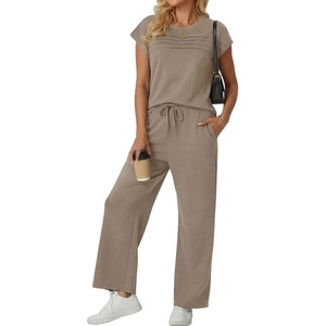 image:imageGRECERELLE Womens Summer 2 Piece Outfits Wide Leg Pants Lounge SetCoffee Gray