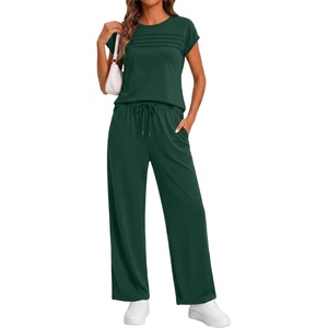 image:imageGRECERELLE Womens Summer 2 Piece Outfits Wide Leg Pants Lounge SetDark Green