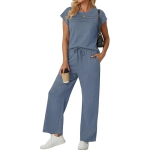 image:imageGRECERELLE Womens Summer 2 Piece Outfits Wide Leg Pants Lounge SetHaze Blue