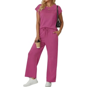 image:imageGRECERELLE Womens Summer 2 Piece Outfits Wide Leg Pants Lounge SetHot Pink