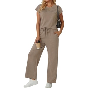 image:imageGRECERELLE Womens Summer 2 Piece Outfits Wide Leg Pants Lounge SetKhaki