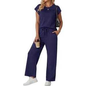 image:imageGRECERELLE Womens Summer 2 Piece Outfits Wide Leg Pants Lounge SetNavy Blue