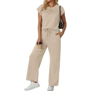 image:imageGRECERELLE Womens Summer 2 Piece Outfits Wide Leg Pants Lounge SetOatmeal