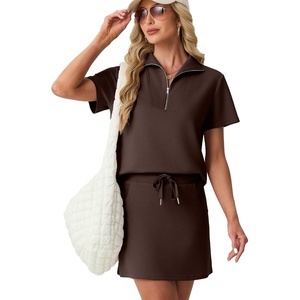 image:imageGRECERELLE Womens Summer 2 Piece Skort Set Half Zip Short Sleeve Top amp Pocketed Tennis Skirt For Sports amp VacationsDark Coffee