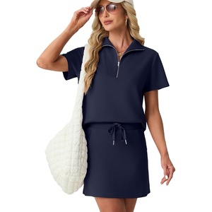 image:imageGRECERELLE Womens Summer 2 Piece Skort Set Half Zip Short Sleeve Top amp Pocketed Tennis Skirt For Sports amp VacationsNavy Blue