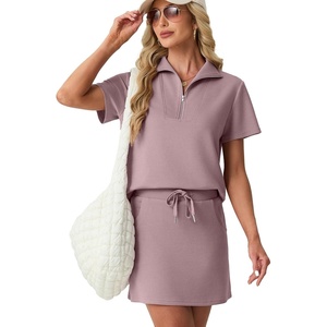 image:imageGRECERELLE Womens Summer 2 Piece Skort Set Half Zip Short Sleeve Top amp Pocketed Tennis Skirt For Sports amp VacationsRose Brown