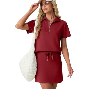 image:imageGRECERELLE Womens Summer 2 Piece Skort Set Half Zip Short Sleeve Top amp Pocketed Tennis Skirt For Sports amp VacationsWine Red