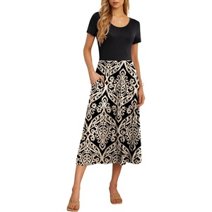 image:imageGRECERELLE Womens Summer Casual Short Sleeve Crewneck Tiered Flowy Maxi Long Dress with Pockets S2XL01 Prints Khaki
