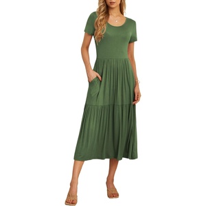 image:imageGRECERELLE Womens Summer Casual Short Sleeve Crewneck Tiered Flowy Maxi Long Dress with Pockets S2XLArmy Green
