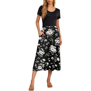 image:imageGRECERELLE Womens Summer Casual Short Sleeve Crewneck Tiered Flowy Maxi Long Dress with Pockets S2XLBlack White Flower