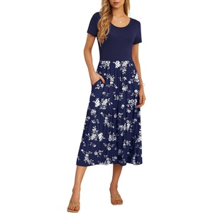 image:imageGRECERELLE Womens Summer Casual Short Sleeve Crewneck Tiered Flowy Maxi Long Dress with Pockets S2XLBlue Small Flower