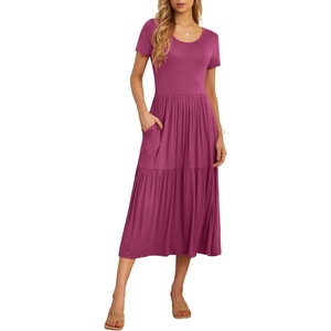 image:imageGRECERELLE Womens Summer Casual Short Sleeve Crewneck Tiered Flowy Maxi Long Dress with Pockets S2XLRed Gray