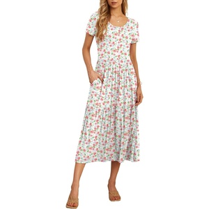 image:imageGRECERELLE Womens Summer Casual Short Sleeve Crewneck Tiered Flowy Maxi Long Dress with Pockets S2XLWhite Pink Rose