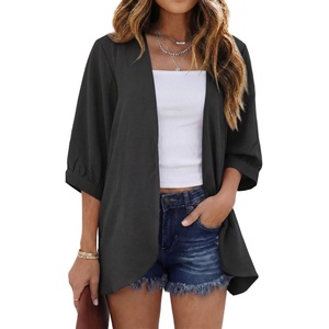 image:imageGRECERELLE Womens Summer Lightweight 34 Sleeve Cardigan Open Front Casual Loose Kimono Cover Ups with PocketsBlack