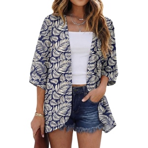image:imageGRECERELLE Womens Summer Lightweight 34 Sleeve Cardigan Open Front Casual Loose Kimono Cover Ups with PocketsDark Blue Palm Leaf