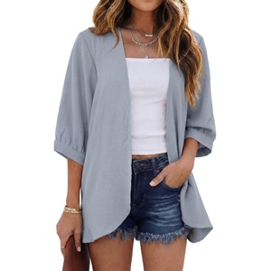 image:imageGRECERELLE Womens Summer Lightweight 34 Sleeve Cardigan Open Front Casual Loose Kimono Cover Ups with PocketsHaze Blue