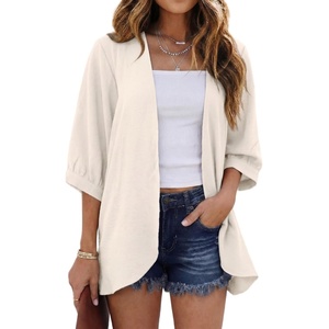 image:imageGRECERELLE Womens Summer Lightweight 34 Sleeve Cardigan Open Front Casual Loose Kimono Cover Ups with PocketsIvory White