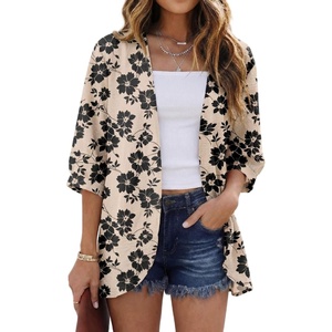 image:imageGRECERELLE Womens Summer Lightweight 34 Sleeve Cardigan Open Front Casual Loose Kimono Cover Ups with PocketsKhaki Black Flower