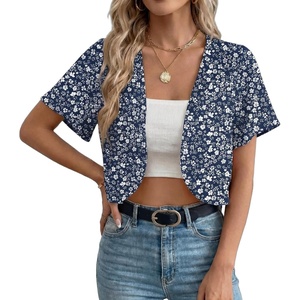 image:imageGRECERELLE Womens Summer Lightweight Cropped Cardigan ShrugBlue White Flower