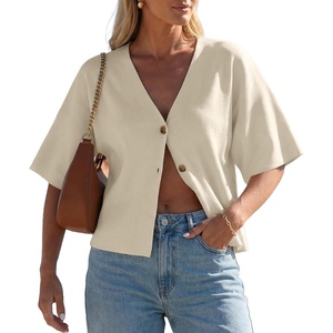 image:imageGRECERELLE Womens Summer Lightweight Short Sleeve Cardigans Open Front V Neck Casual Knit Button Down SweaterApricot