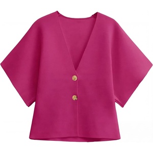 image:imageGRECERELLE Womens Summer Lightweight Short Sleeve Cardigans Open Front V Neck Casual Knit Button Down SweaterHot Pink